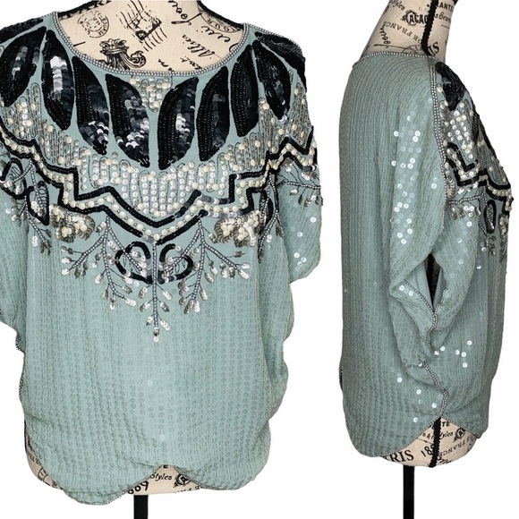 VTG Top Shop Flapper Great Gatsby Teal Blue Beaded Sequin Short Sleeve Tunic 2 - Picture 13 of 16